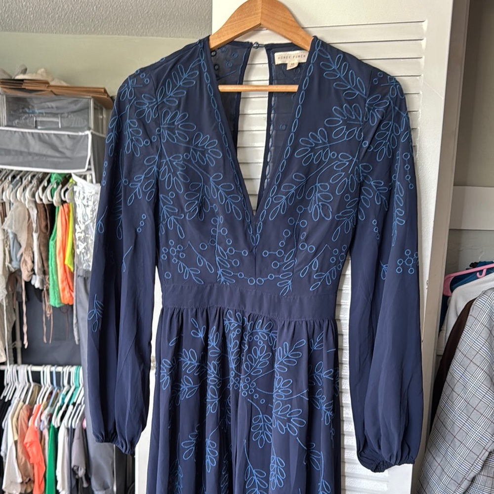 Honey Punch Blue Pleated Gown with Bishop Sleeves